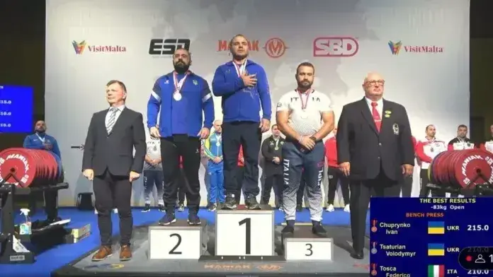 Нагородження переможців Чемпіонату Європи з класичного жиму лежачи у ваговій категорії до 83 кг.